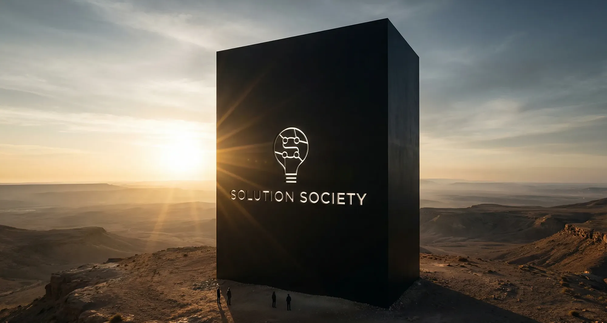 Monolith in der Wüste mit Solution Society Logo